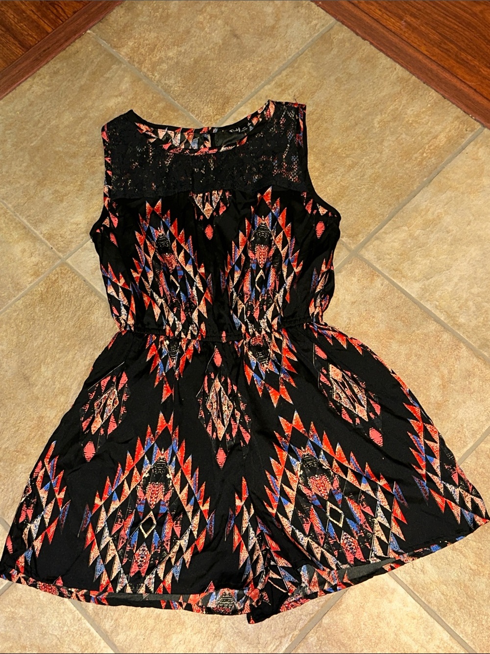 Black Aztec-Print Sleeveless shorts Romper with back button closure
